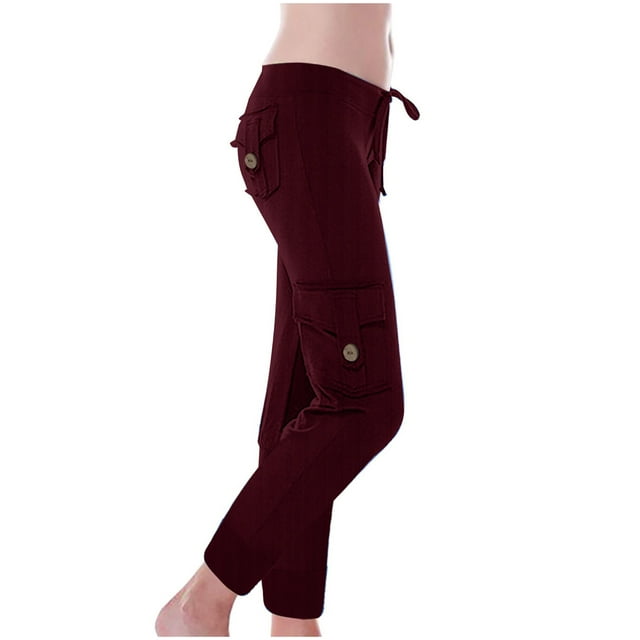 Yuyuzo Leggings for Women Drawstring Low Waisted Cargo Pants Ankle Length Ribbed Knit Workout Tights with Flap Pockets