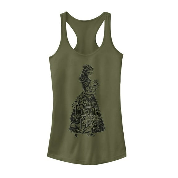 Junior's Beauty and the Beast Lace Print Racerback Tank Top Military Green Large