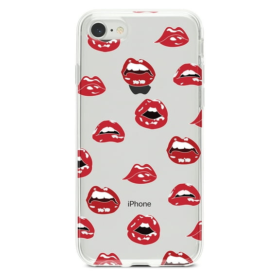 DistinctInk Clear Shockproof Hybrid Case for iPhone 7 8 SE (2020 Model) 4.7" Screen TPU Bumper Acrylic Back Tempered Glass Screen Protector - Red Lips