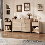 LGHM 3-Piece Bedroom Furniture Set, Rattan 7 Drawer Dresser, Nightstand Set of 2 with Drawer & Charging Station, Natural Oak