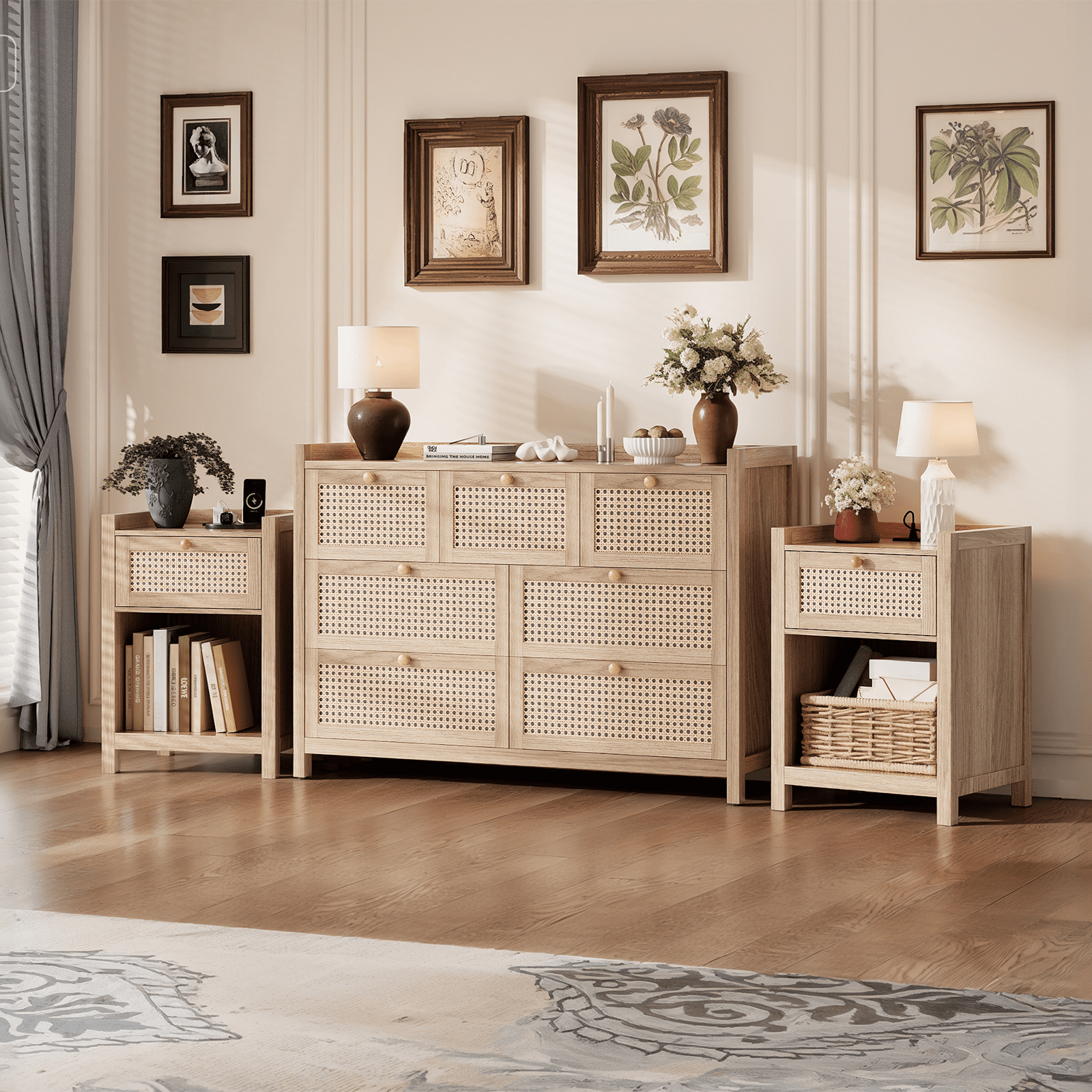 LGHM 3-Piece Bedroom Furniture Set, Rattan 7 Drawer Dresser, Nightstand Set of 2 with Drawer & Charging Station, Natural Oak