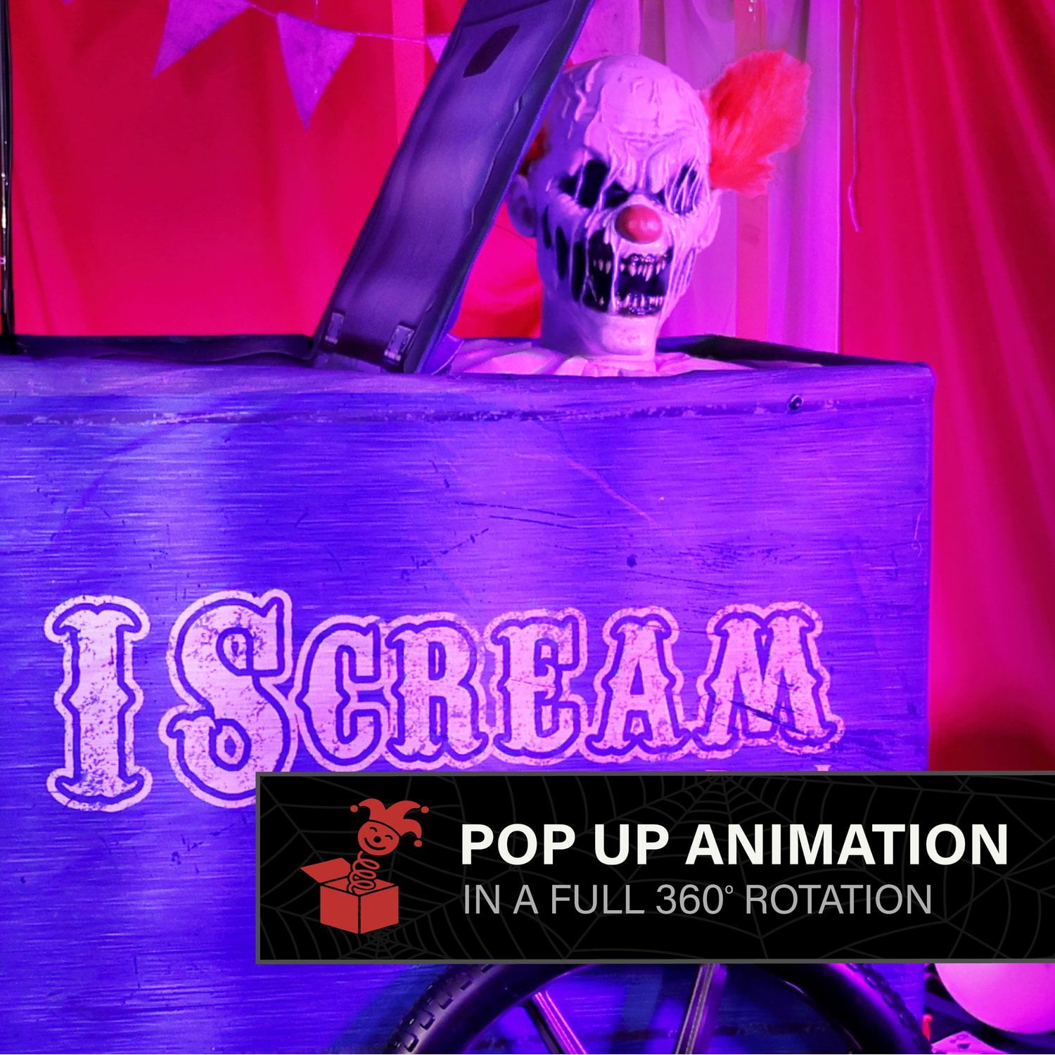 Haunted Hill Farm Multicolor LED Plug-In/Battery I Scream Clown Cart Halloween Animatronic 6-Ft.