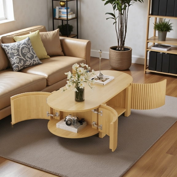 GZXS 47" Oval Fluted Coffee Table with Storage, Solid Rubber Wood Coffee Table with 4 Doors and Open Shelf, Modern Center Table for Living Space, Natural