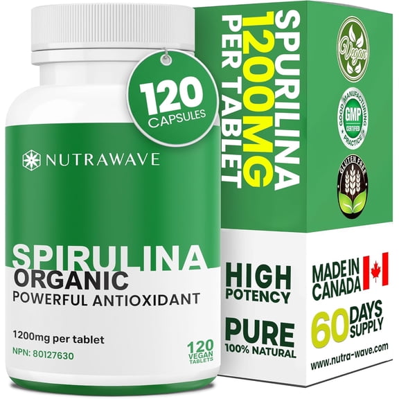 Nutrawave Spirulina 1200 mg – Organic Blue-Green Algae Superfood, Plant-Based Protein & Antioxidant Support, 120 Vegan Tablets, Non-GMO, Gluten-Free