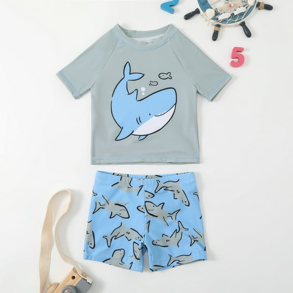 XIMIN Kids Infant Baby Boys Swimwear Short Sleeve Tops Cartoon Print Shorts Pants Swim Beach Bathing Quick Dry Swimsuit 2Pcs Toddler Boys Swimsuit (3-4 Years, Grey)