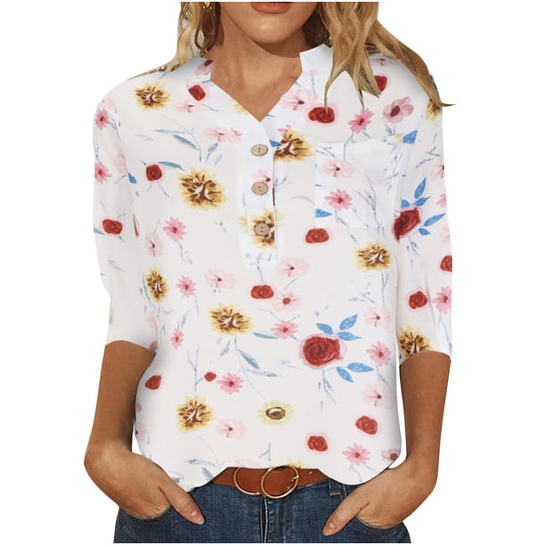 Tops de camisa suelta informales con cuello levantado con botones y mangas largas estampadas para mujer a la moda Pompotops FGAJ22066