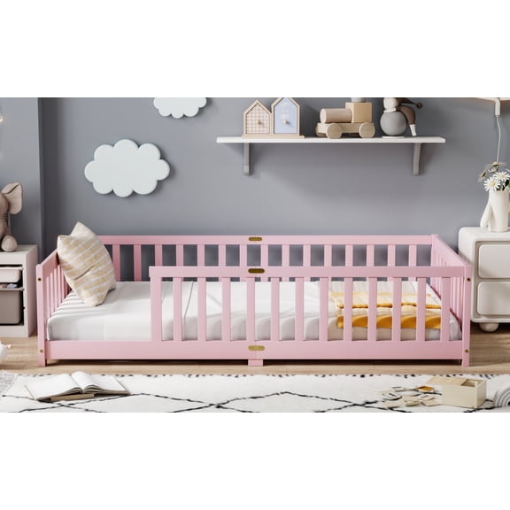Twin Size Floor Bed with Fence without Door, Rubber Wood Floor Bed with Safety Guardrails,Pink