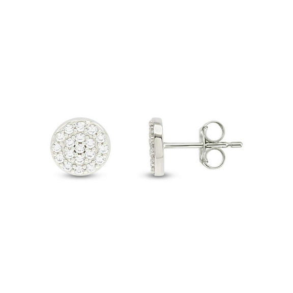 Round Sparkling White Cubic Zirconia Dainty Disc Stud Earrings 14k White Gold Plated 925 Sterling Silver with push-backs