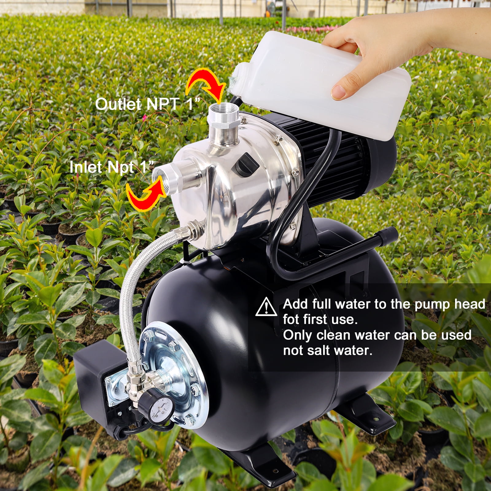 LuckyNote 1.6HP Shallow Well Pump with Pressure Tank, Automatic Water Booster Pump for Home Garden Lawn Farm, Stainless Steel Head, Black