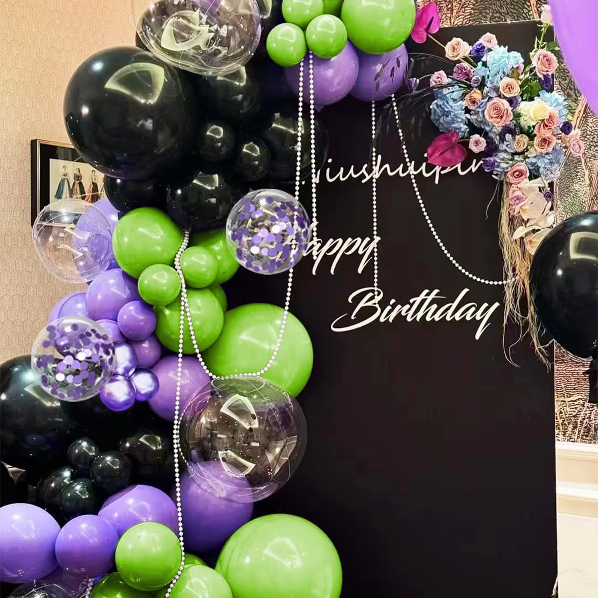Purple Green Black Balloon Garland Arch Kit, 156 Matte Black Metallic Purple Lime Green Balloons for Wedding Anniversary Hero Birthday Video Game Graduation Racing Car Party Decoration