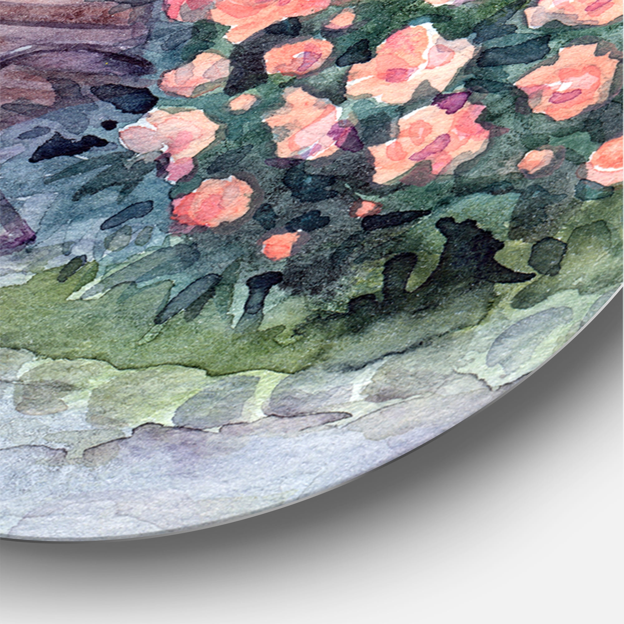 Designart 'Bench In Park By The Pions Flowers Bushes' Traditional Circle Metal Wall Art 23x23 - Disc of 23