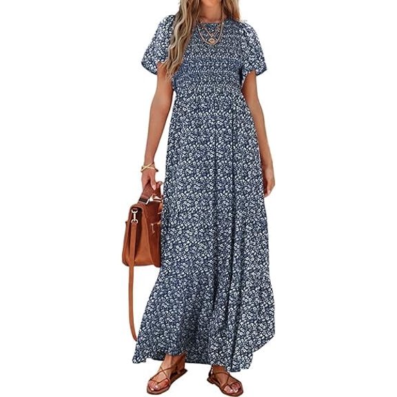 PRETTYGARDEN Women's Summer Casual Flutter Short Sleeve Boho Floral Maxi Dress Crew Neck Smocked Tiered Long Dresses
