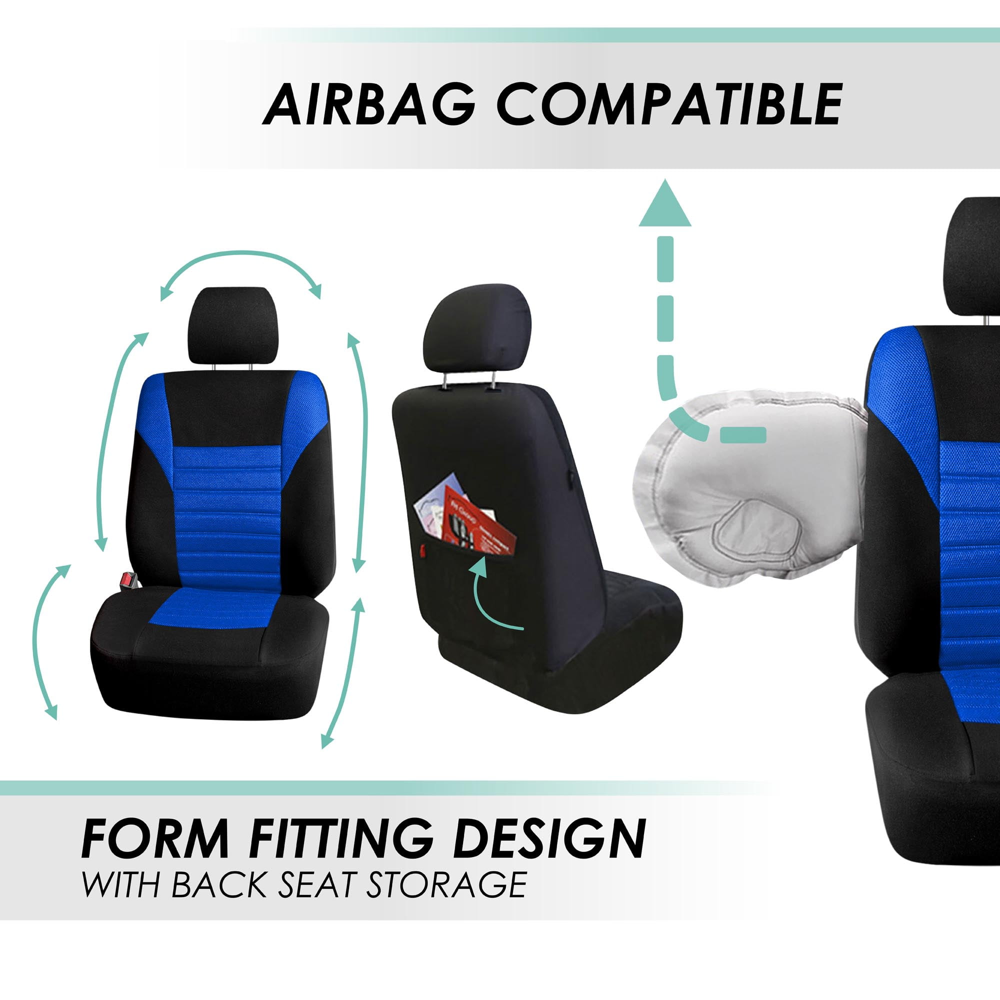 FH Group 3 Row Universal Fit Car Seat Covers Premium 3D Air Mesh with Removable Headrest,  Airbag Compatible for SUV, Sedan, Van Blue - 7 Seater