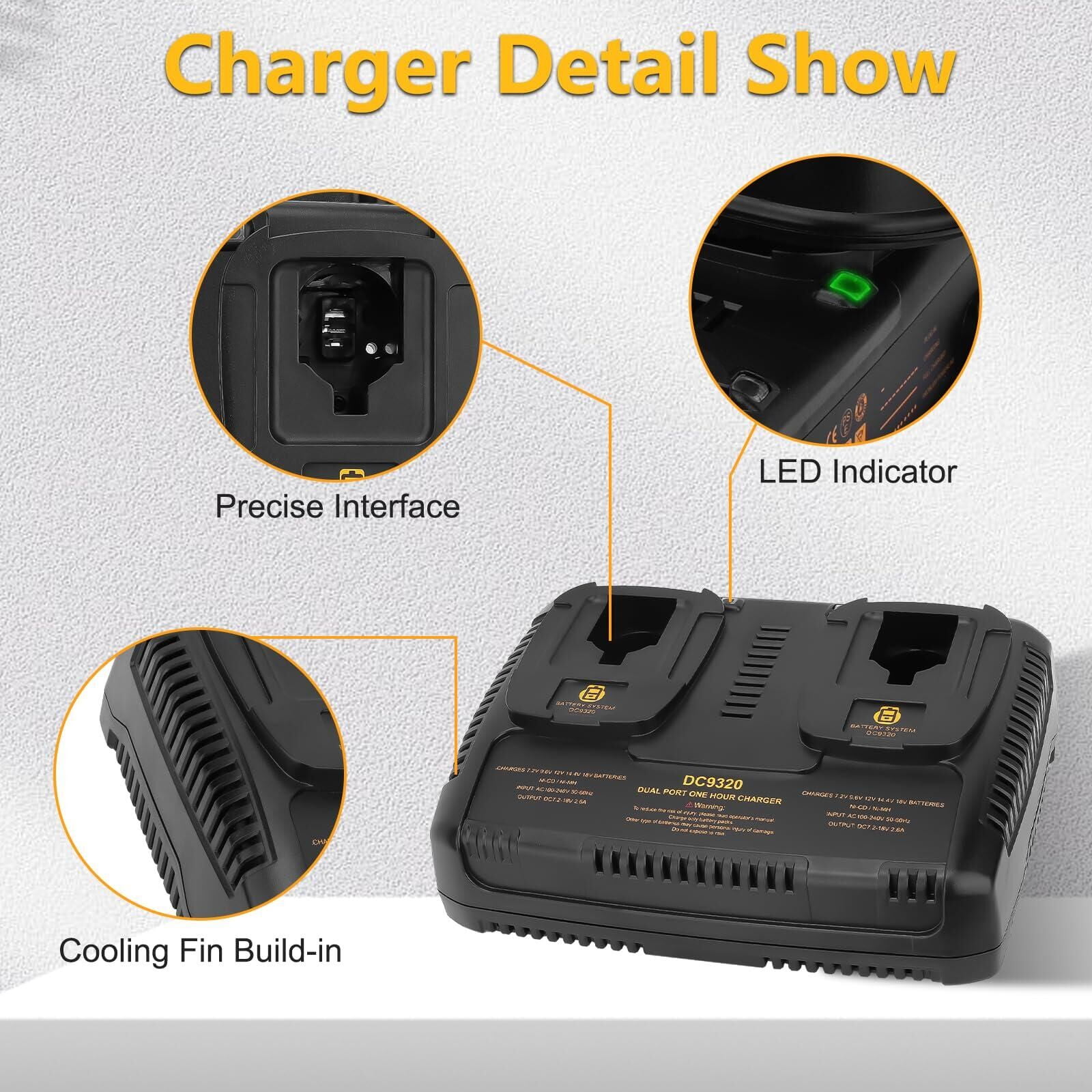 2Pack 18V 4500mAh DC9096 Replacement Battery Compatible with Dewalt 18 Volt DC9099 DW9098 DW9099 DW9095 DW9096 DE9039 and DC9320 Dual Port Charger for 7.2-18V Ni-Cad Ni-Mh Battery