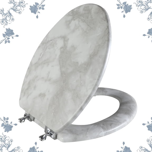 Round Marble Toilet Seat Natural Wood Toilet Seat with Zinc Alloy Hinges, Easy to Install also Easy to Clean, Anti-pinch Wooden Toilet Seat by  (Round, Gray)