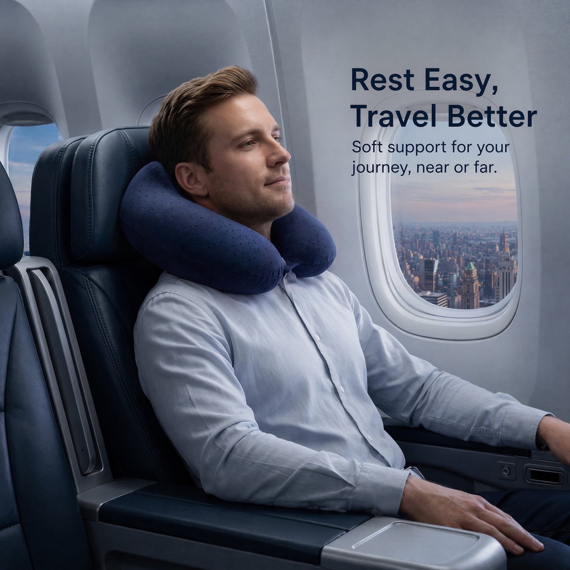 Unique Bargains Memory Foam Neck Pillow U Shape with Snap Closure Navy blue 12"x12"x5"