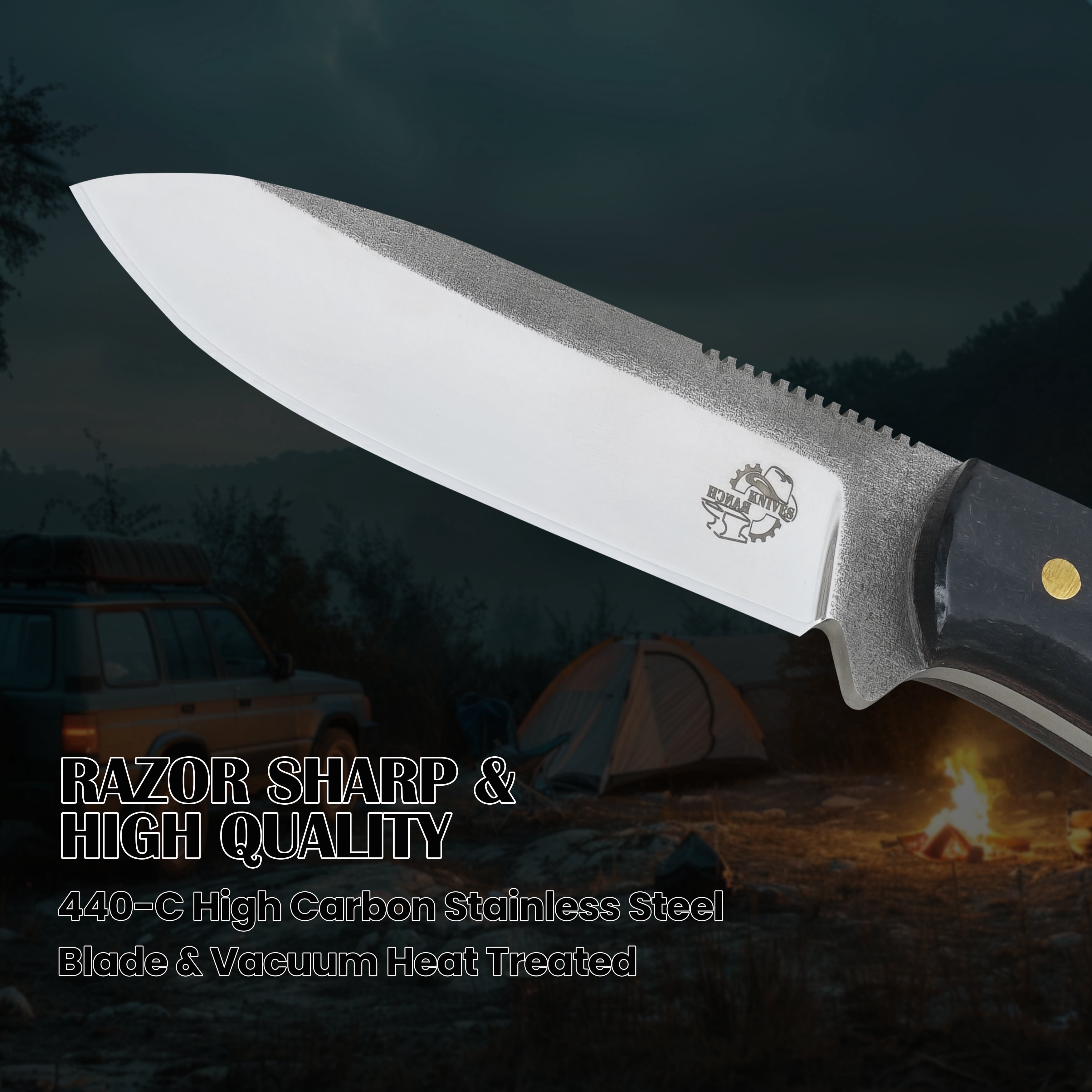 Knives Ranch Camper One | 8 inch Horizontal Carry Bushcraft, Camping, Hunting & Outdoors Knife | High Carbon Stainless Steel 440-C | 59 Hardness | Cowboy Style Dual Carry Sheath