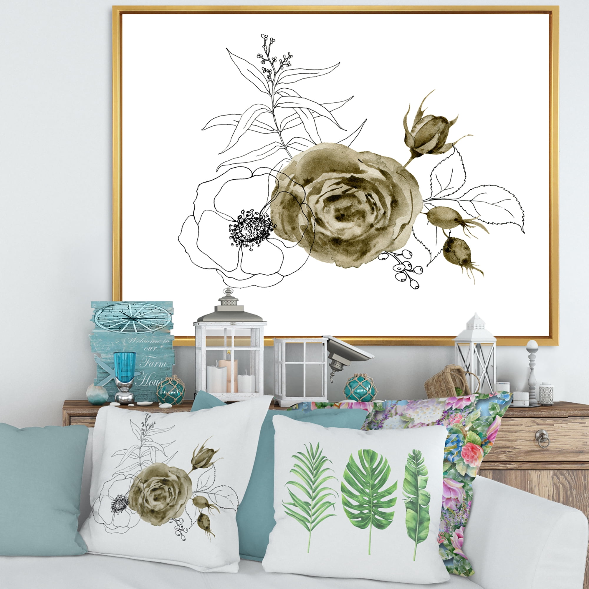 Designart 'Eucalyptus Branches With Anemone Bouquet Flower I' Traditional Framed Canvas Wall Art Print