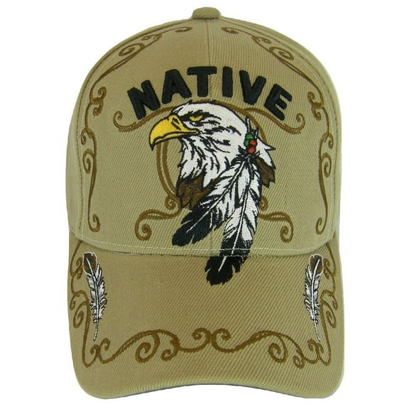 Native Pride Eagle Adjustable Baseball Cap with Feathers and Swirls (Khaki)