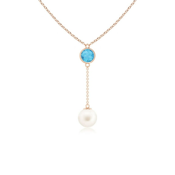 ANGARA Freshwater Cultured Pearl & Swiss Blue Topaz Lariat Necklace in 14K Rose Gold for Women | June Birthstone, Birthday, Anniversary, Jewelry Gift for Women | Pearl Necklace