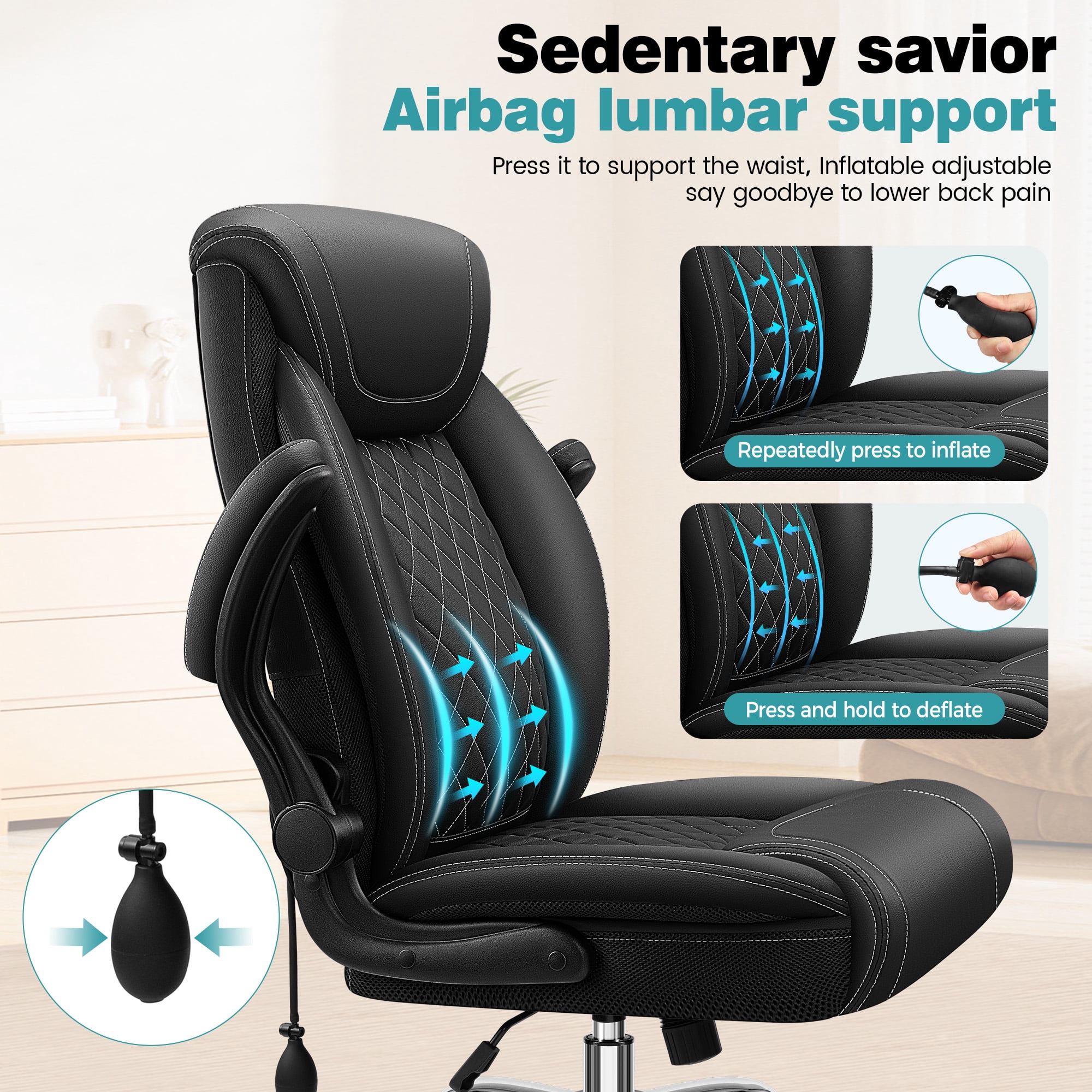 ATHOPE Leather Office Chair, Executive Desk Chairs with Flip-up Padded Armrests, Big and Tall Office Chair with Wheels, Ergonomic Computer Chair with Lumbar Support for Home Office, Black