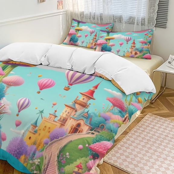 Enchanted Mushroom Landscape Duvet Cover Set Themed Multicolor Polyester Bedding Set for Bedroom Decoration