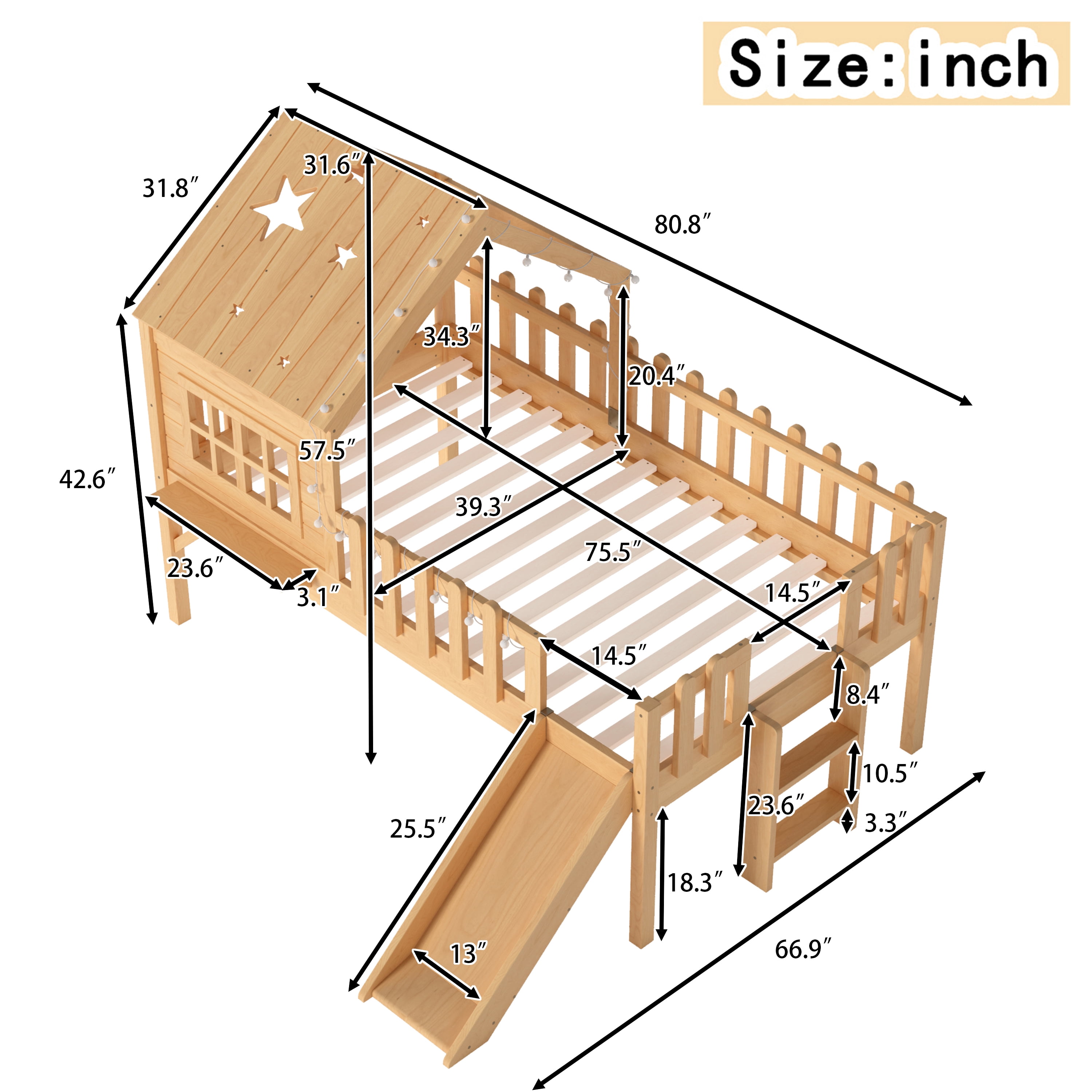 Mintazer Twin Size Kids House Loft Bed with Slide & LED Lights, Modern Playhouse Bed with Star Shaped Designs & Ladder, No Box Spring Needed, Natural