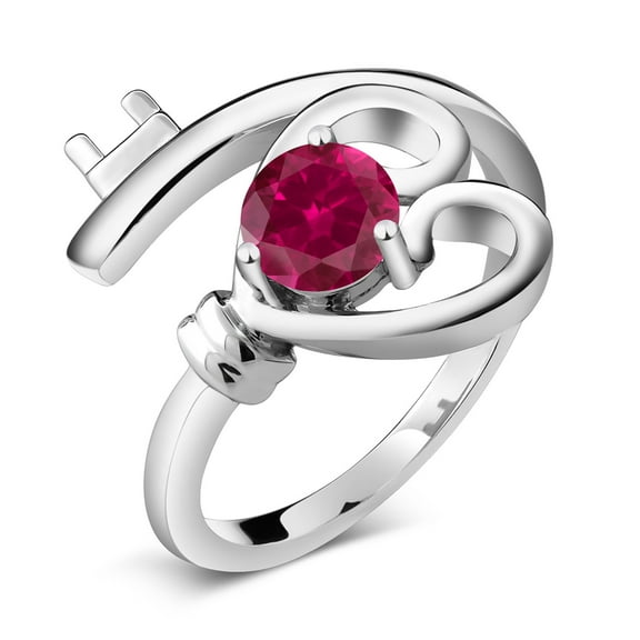 Gem Stone King 925 Sterling Silver Red Created Ruby Heart Key Ring (0.60 Cttw, Round 5MM, Size 6)