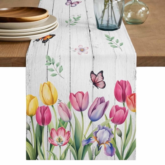 Table Runner 90 Inches Long for Kitchen Dining, Tulips Spring Floral Dresser Scarf Farmhouse, Dining Table Decorations for Wedding/Parties, Pastoral Flowers Butterfly Wooden 13 x 90 In