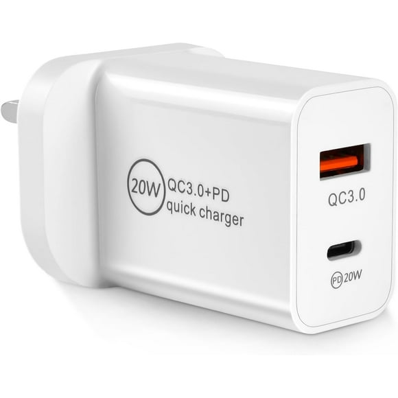 USB C Plug,20W USB C Charger Plug, Type C Fast Charge Wall Plug 2 Ports PD & QC 3.0 Power Adapter Charger.
