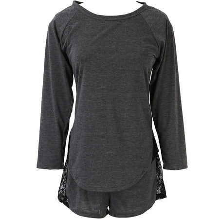 

Opperiaya Women Long Sleeve Lace Tops And Shorts Homewear Pajamas Sets