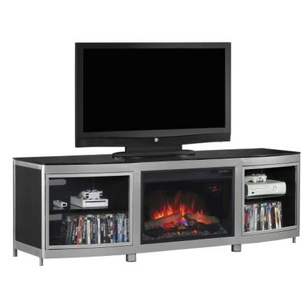 Gotham TV Stand w/ 25″ Curved Infrared Quartz Fireplace, Silver/Black Gotham TV Stand w/ 25″ Curved Infrared Quartz Fireplace, Silver/Black