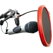 Deco Gear Universal Double Layer Pop Filter Microphone Wind Screen with Adjustable Goose Neck Mic Stand Clip (Black with Red Trim)