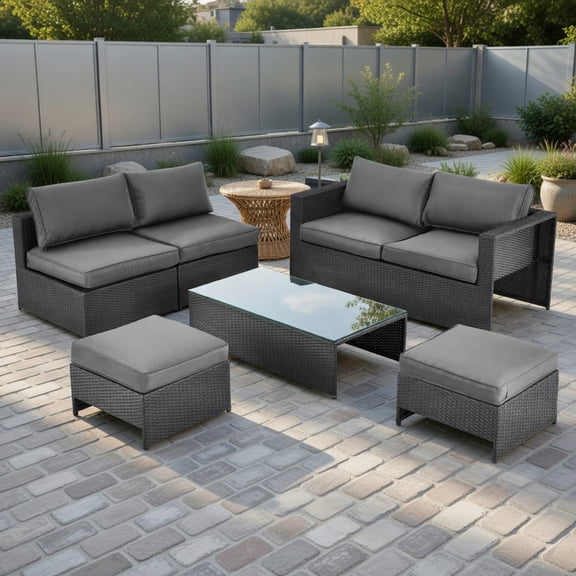 Topcobe 6 Pieces Patio Rattan Furniture Set with Glass Table and Cushioned Seat, Outdoor Deck Furniture, Gray