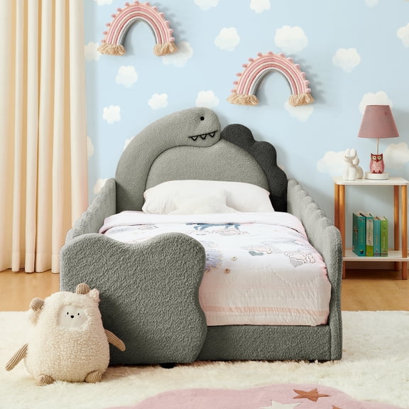 Sesslife Twin Size Floor Bed with Fence, Upholstered Twin Size Platform Bed with Cute Dinosaur Headboard, Twin Floor Bed Frame with Padded Guardrails and Wood Slats, Grey