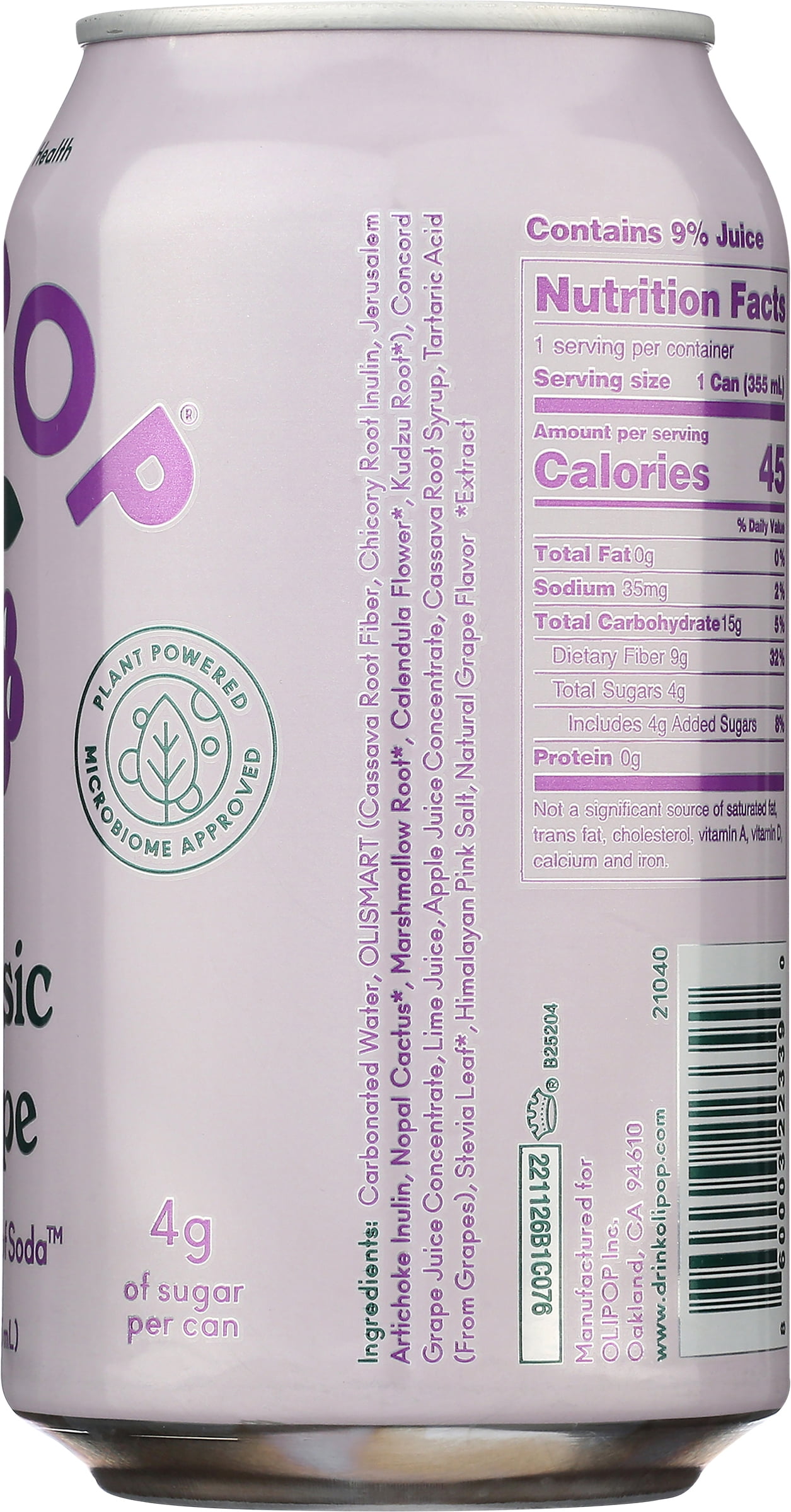 Olipop Prebiotic Soda Pop, Classic Grape, High Fiber, 12 fl oz 12 Pack