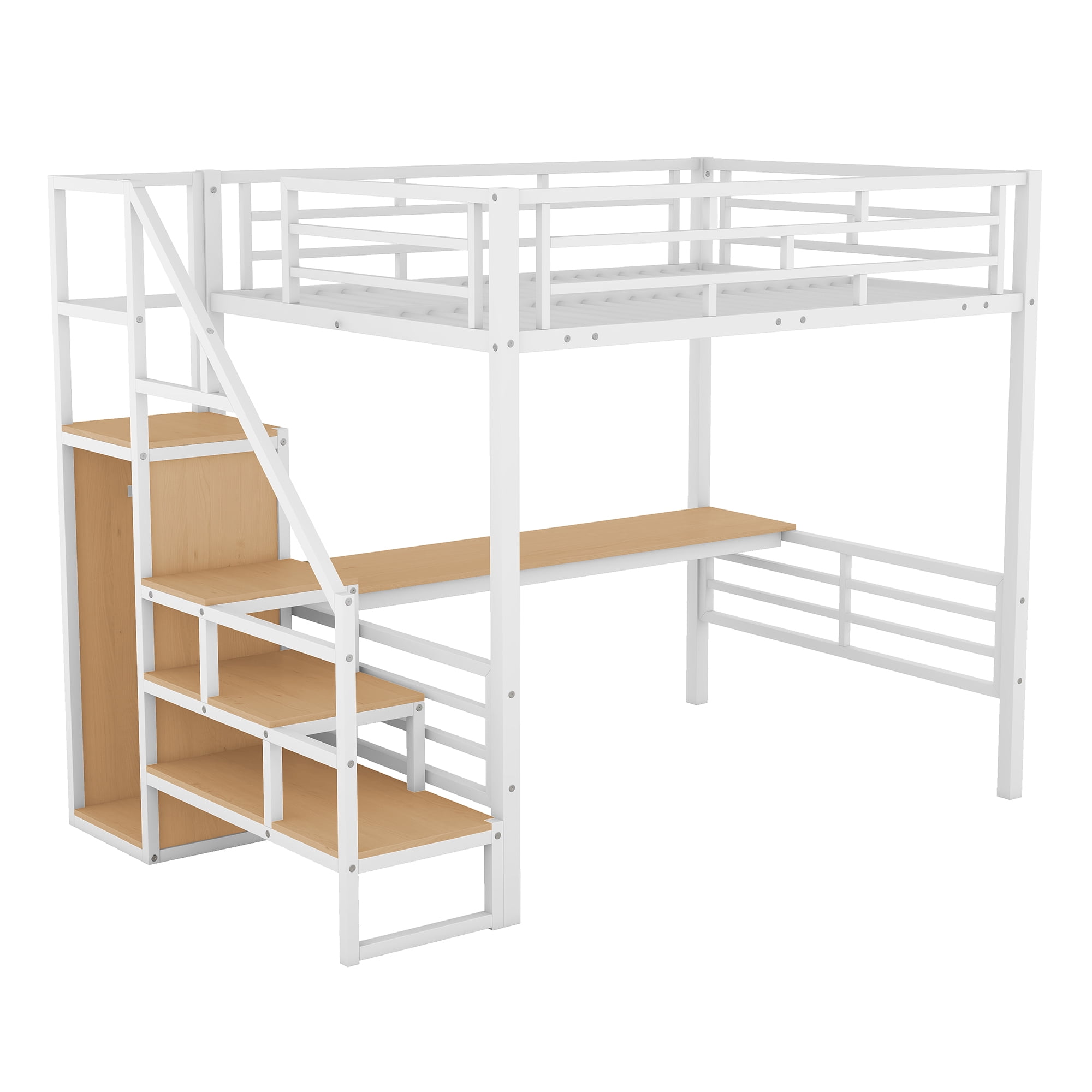 Aukfa Full Size Metal Loft Bed with Desk and Wardrobe, Staircase Loft Bed for Kids Teens - White