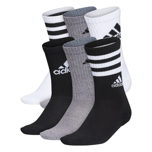 Boys adidas 6-Pack Cushioned Crew Socks Color: Black White Gray Size: 7-8.5