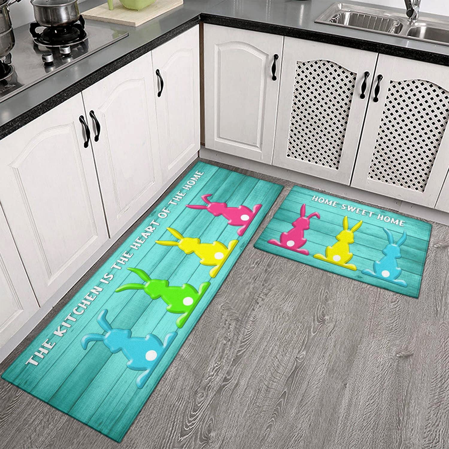 Happy Easter Kitchen Rugs Set,Easter Bunny Gnome Decorative Rugs for