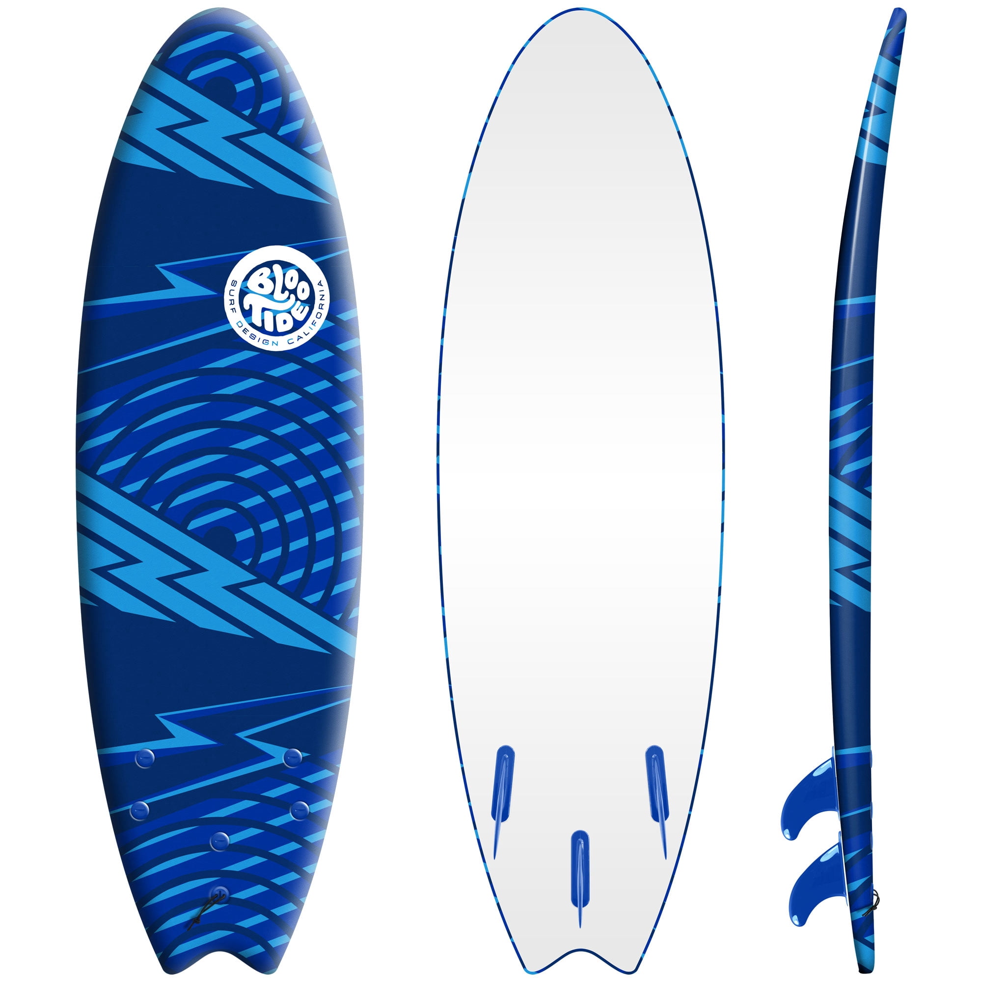 Bloo Tide 6 Ft Soft Top Surfboard, Swallow Tail, Teens and Adults, Graphic top Deck with high Density Slick Bottom, Blue Color, Leash and Fin Set In