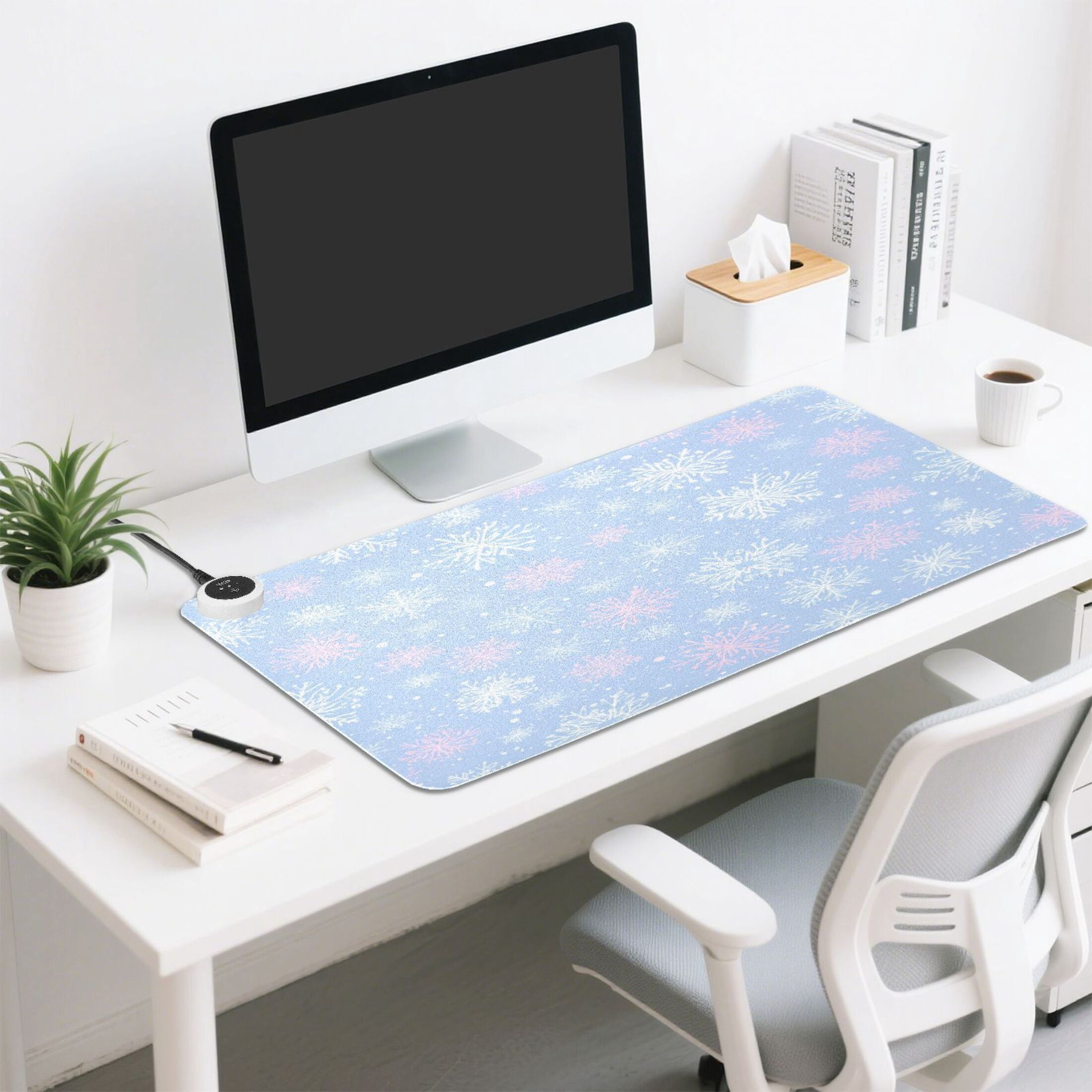 Large Heated Desk Mat Mouse Pad 31.5"x13"PU Leather Graphene Heating Desk Warmer with 3 Temperature Settings 110V US Plug Non-Slip Warm Pad for Home, Office, and Gaming Pale Blue Snowflakes Pattern