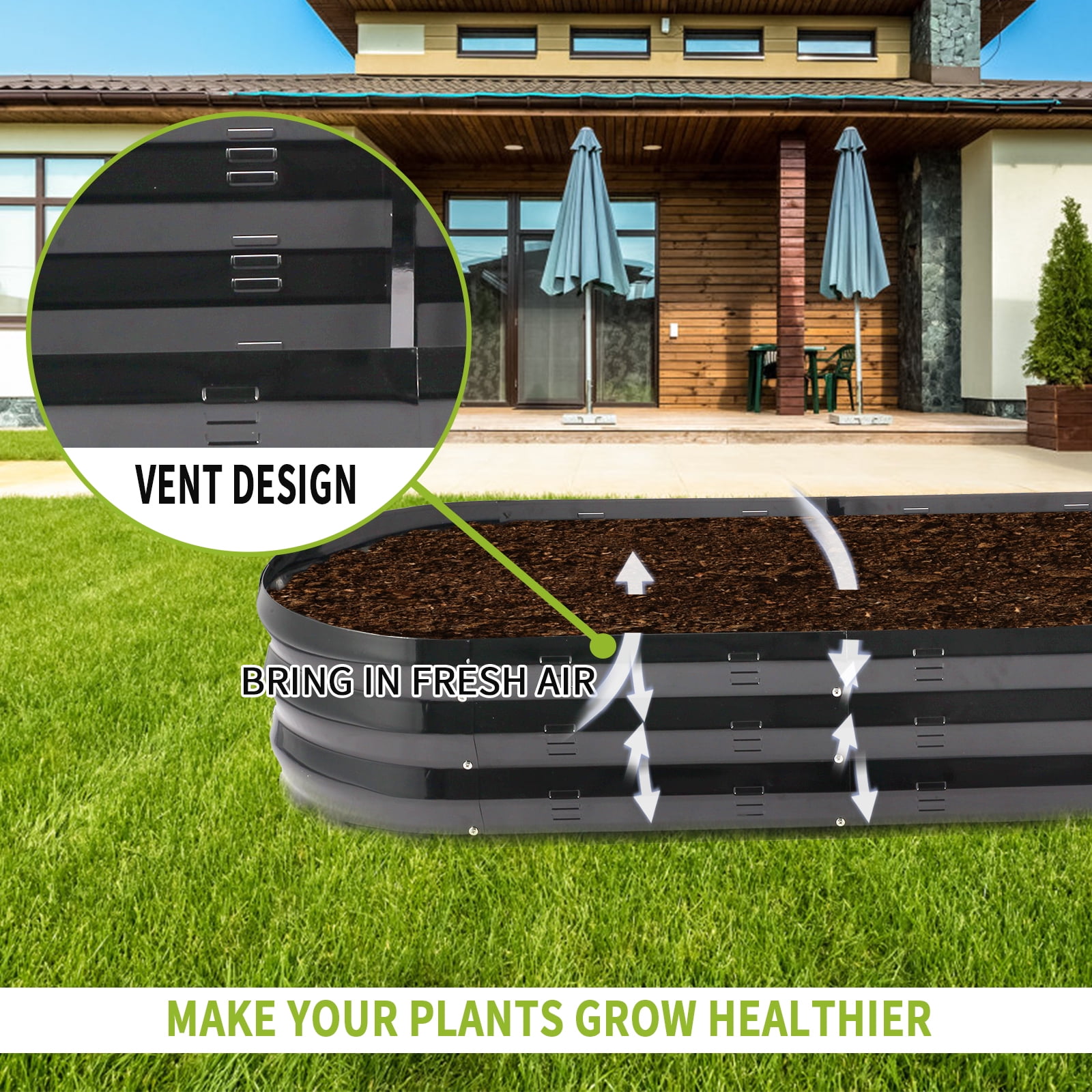 Raised Garden Bed Galvanized Metal Planter Box, 67"D x 20"W x10"H, 7 cu. ft. Black