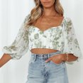 thumbnail image 4 of Camiseta de gasa con cuello en V para mujer, mangas medias abullonadas, pecho plisado, tipo corto, estampado floral, camiseta verde S, 4 of 6