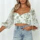 thumbnail image 4 of Camiseta de gasa con cuello en V para mujer, mangas medias abullonadas, pecho plisado, tipo corto, estampado floral, camiseta verde XL, 4 of 6