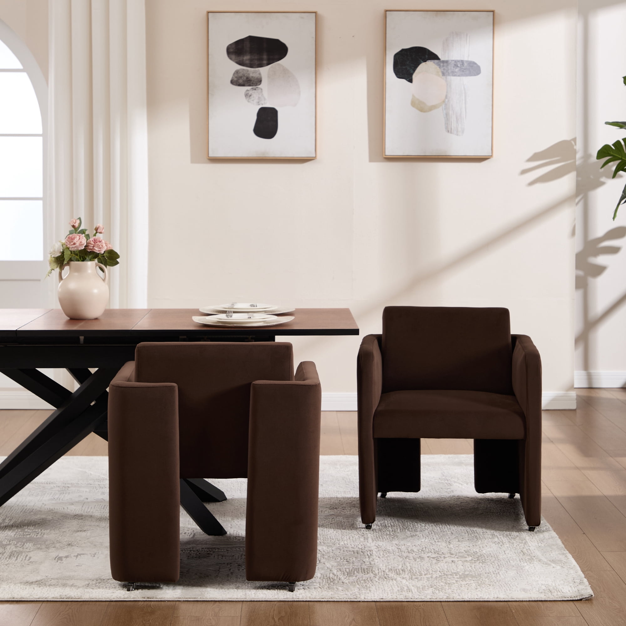 Leumius Modern Barrel Dining Chair, Accent Kitchen Chair with Arms Comfy Velvet Fabric, Side Chair for Living Room Home Office Reception, Chocolate