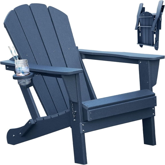 TOPCOMFY Adirondack Chair Folding All Weather HDPE Outdoor Patio Lawn Deck Fire Pit Seating with Cup Holder Dark Blue