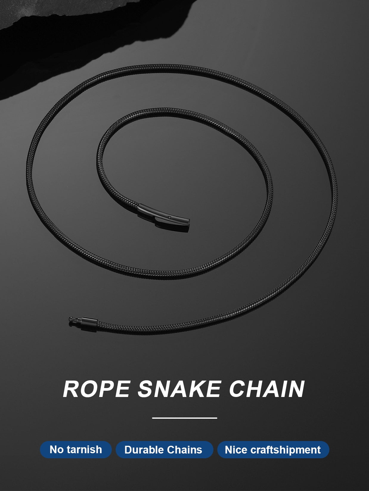 ChainsProMax Black Snake Chain for Men Women Waterproof Braided Necklace Chain for Pendant Fathers/Mothers Day Gift Dad Mom