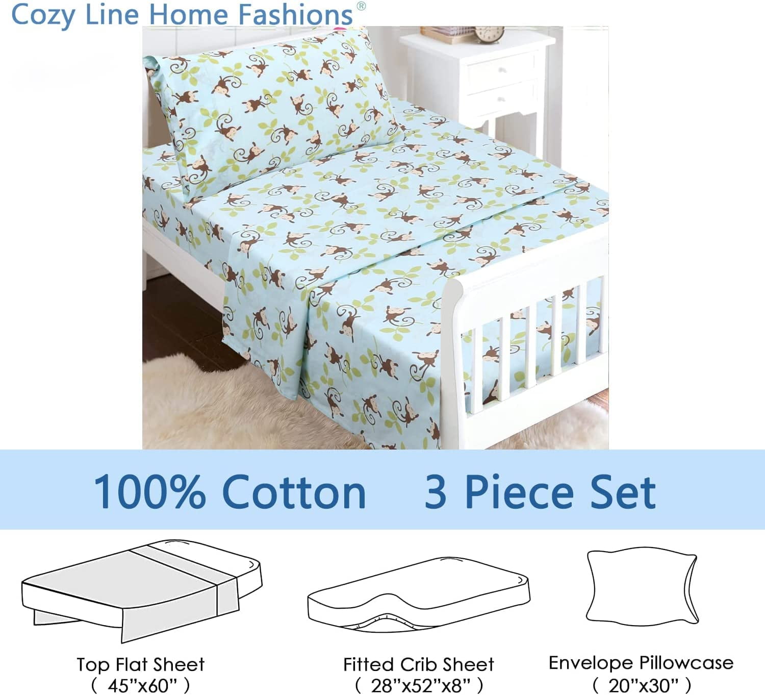 Jungle Monkey Tails Swing 3 Piece Blue Cotton Toddler Sheet Set