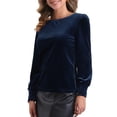 thumbnail image 4 of Blusa de terciopelo inspiradora para mujer, de cuello redondo, con mangas largas abullonadas, casual, talla XL, azul oscuro, 4 of 6
