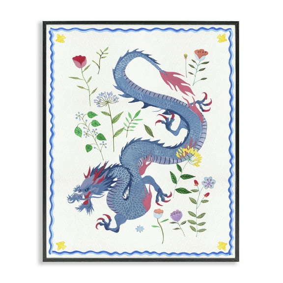 Stupell Industries Blue Dragon & Botanicals Fantasy & Sci-Fi Painting Black Framed Art Print Wall Art, 11 x 14